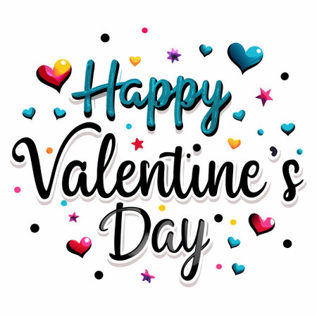 Happy Valentine&#39;s Day text with colorful hearts and stars.の素材