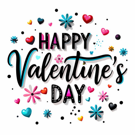 Happy Valentine&#39;s Day greeting with colorful hearts and flowers.の素材