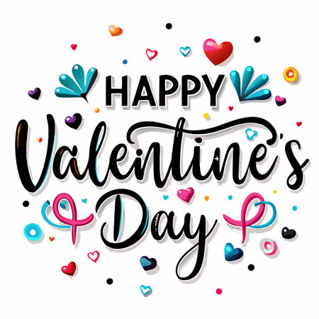 Happy Valentine&#39;s Day colorful lettering with hearts and confetti.の素材