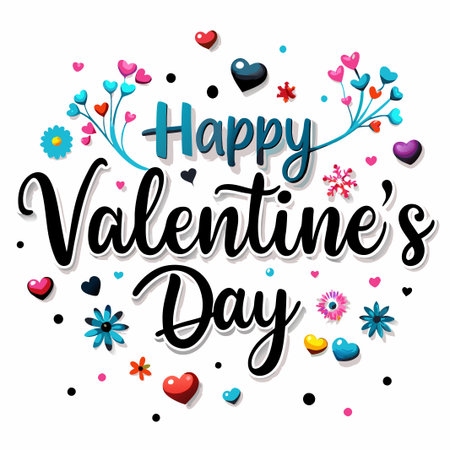 Colorful Happy Valentine&#39;s Day greeting with hearts and flowers. (5)の素材