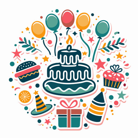 Festive birthday party elements including cake, balloons, and food.の素材