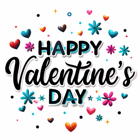 Colorful Happy Valentine&#39;s Day greeting with hearts and flowers.の素材