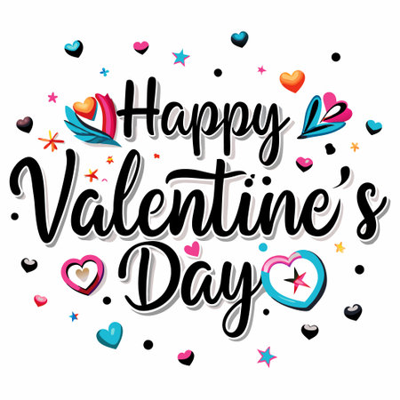 Colorful Happy Valentine&#39;s Day lettering with hearts and stars.の素材