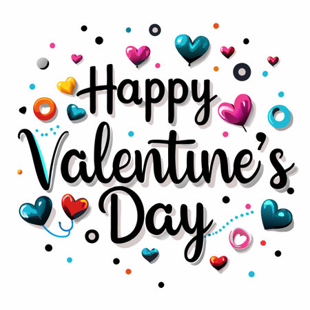 Colorful Happy Valentine&#39;s Day greeting with hearts and confetti.の素材