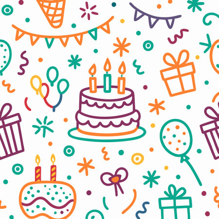 Colorful doodle birthday party seamless pattern. (5)の素材