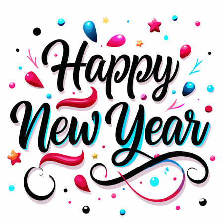 Colorful &quot;Happy New Year&quot; lettering with confetti.の素材