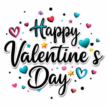 Happy Valentine&#39;s Day text with colorful hearts and stars. (1)の素材