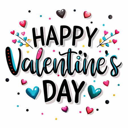 Happy Valentine&#39;s Day greeting card with colorful hearts and floral elements.の素材