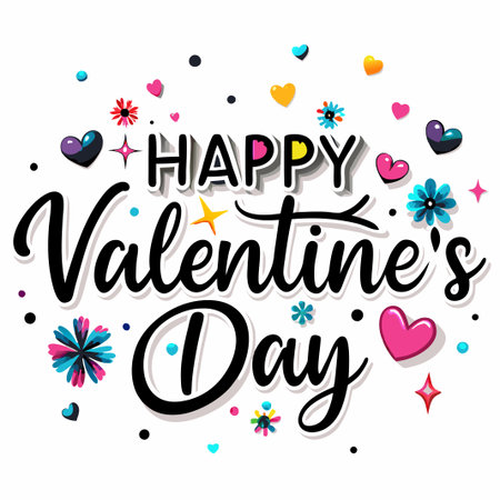 Colorful Happy Valentine&#39;s Day greeting with hearts and flowers. (7)の素材