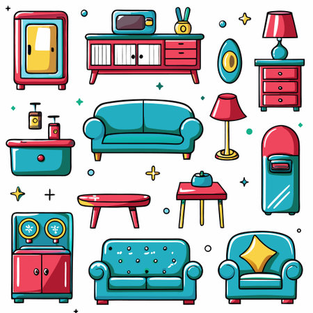 Colorful mid-century modern furniture icons.の素材