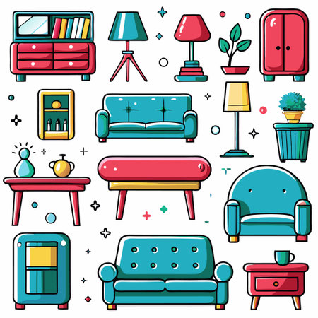 Colorful home furniture and decor icons. (6)の素材
