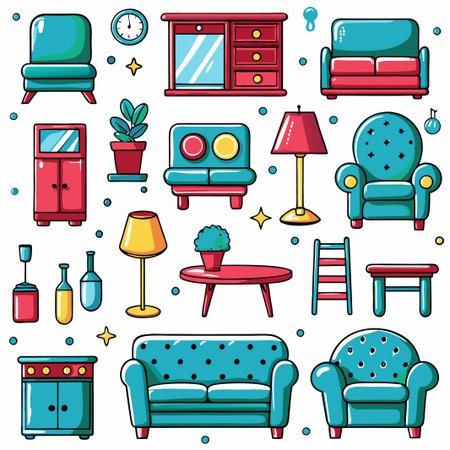 Colorful cartoon living room furniture icons.の素材