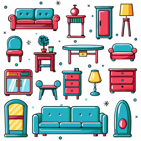 Colorful illustration of various furniture pieces.の素材