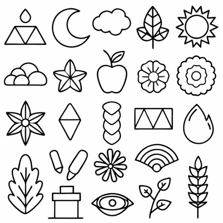Collection of minimalist line art icons depicting nature, celestial bodies, and abstract shapes.の素材