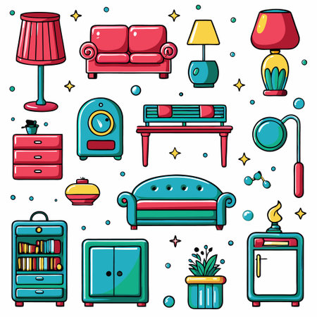 Colorful mid-century modern furniture and home decor icons.の素材