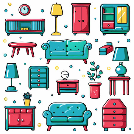 Colorful illustration of various home furniture.の素材