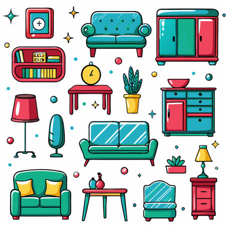 Colorful cartoon furniture and home decor icons.の素材
