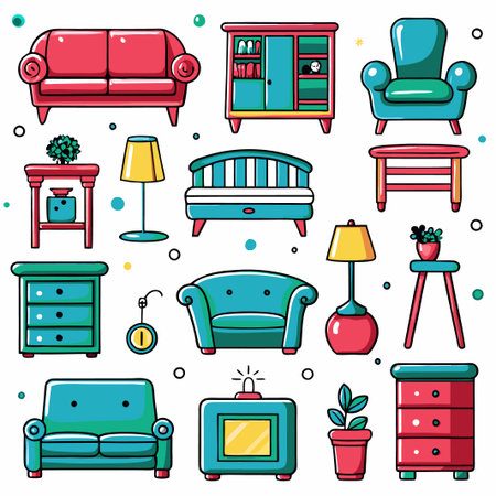 Colorful furniture icons set for home decor.の素材