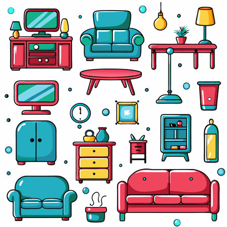 Colorful cartoon home furniture and decor icons. (2)の素材