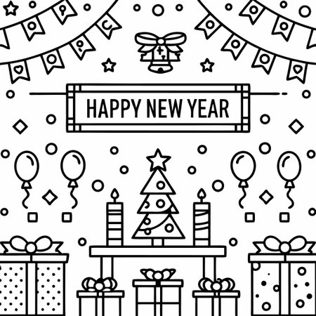Festive New Year&#39;s illustration with line art style.の素材