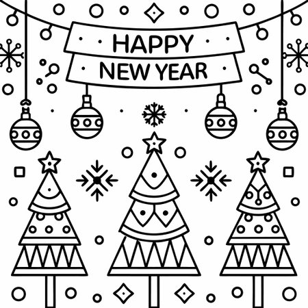 Minimalist Happy New Year line art design with three stylized Christmas trees and ornaments.の素材