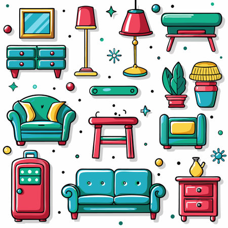 Colorful cartoon home furniture and decor icons. (1)の素材