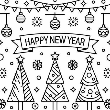 Happy New Year line art with three decorated trees.の素材
