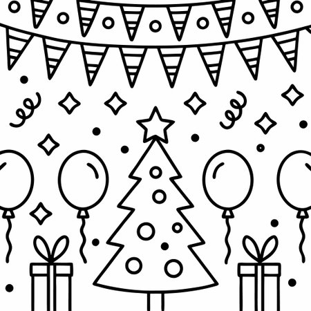 Festive Christmas tree with balloons, gifts, and bunting.の素材