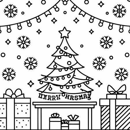 Line art Christmas tree with presents under it.の素材
