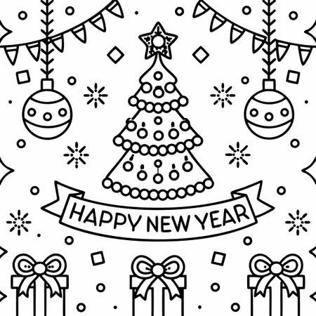 Happy New Year line art design with Christmas tree, ornaments, gifts, and confetti.の素材
