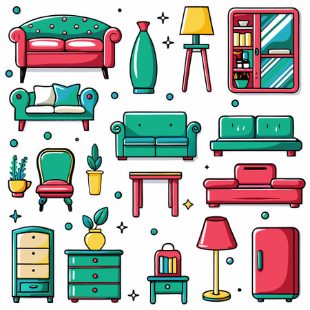 Colorful furniture and home decor icons.の素材
