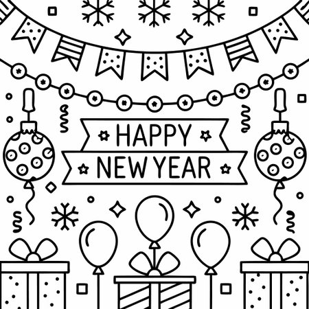 Happy New Year line art design with decorations.の素材