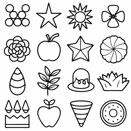 Simple line art icons shapes, flowers, fruits.の素材