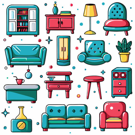 Colorful cartoon furniture icons.の素材