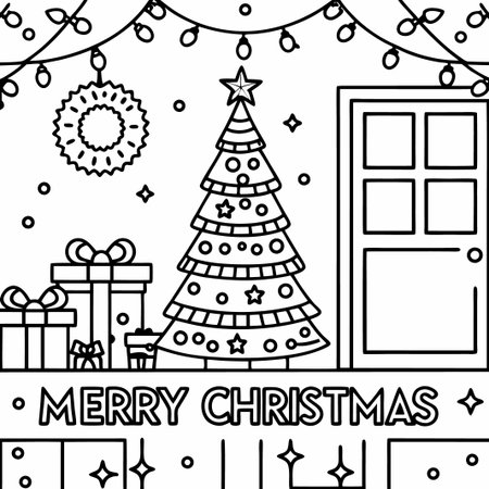 Line art Christmas scene with tree, gifts, and lights.の素材