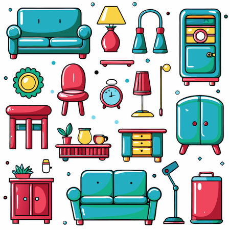 Colorful cartoon home furniture and decor icons. (1)の素材