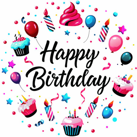 Colorful Happy Birthday celebration with cupcakes, balloons, candles, and confetti.の素材