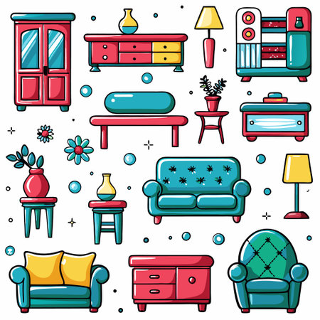 Colorful cartoon home furniture icons.の素材