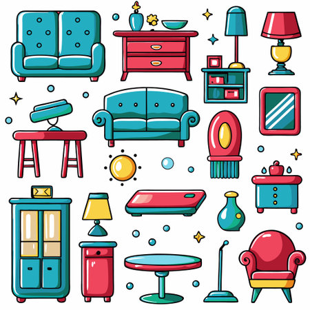 Colorful illustration of home furniture and decor.の素材