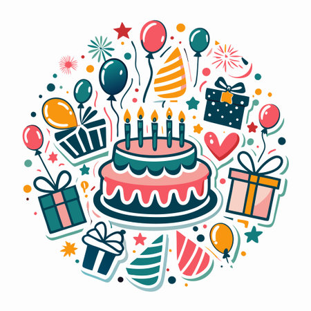 Festive birthday cake with gifts and balloons. (1)の素材