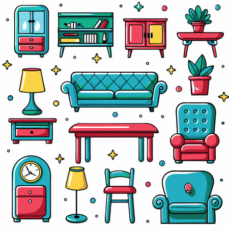 Colorful cartoon living room furniture icons.の素材