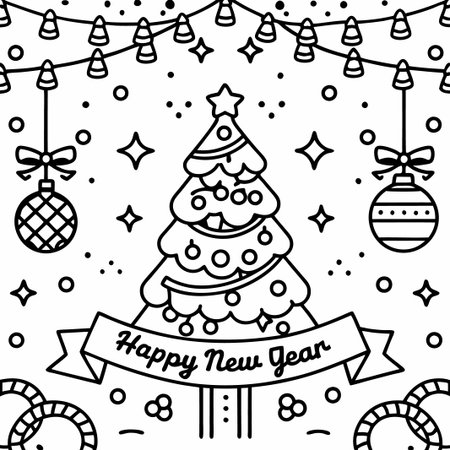 Happy New Year line art Christmas tree design.の素材