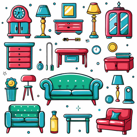 Colorful illustration of home furniture and decor.の素材