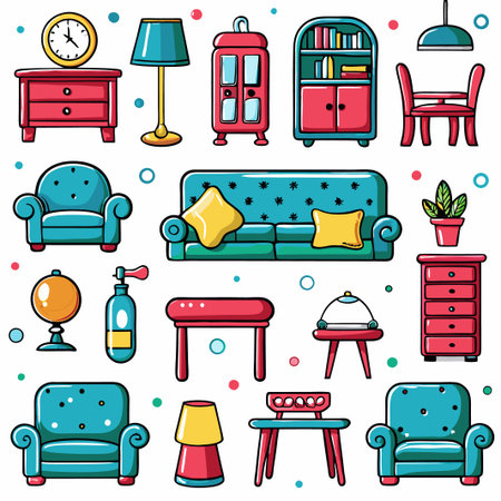 Colorful cartoon home furniture and decor icons. (2)の素材