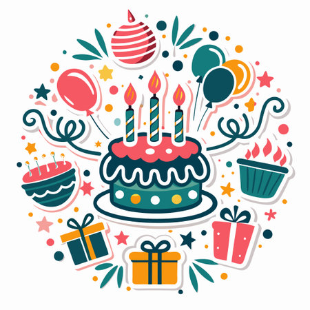 Festive birthday cake with presents, balloons, and candles in a circular design.の素材