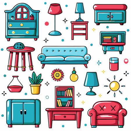 Colorful cartoon home furniture and decor icons.の素材