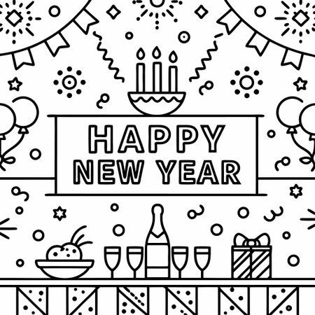 Happy New Year line art illustration with party elements.の素材