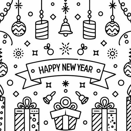 Happy New Year line art design with ornaments, gifts, and fireworks.の素材