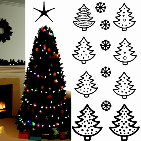 Decorated Christmas tree with colorful lights and simple tree, snowflake illustrations.の素材