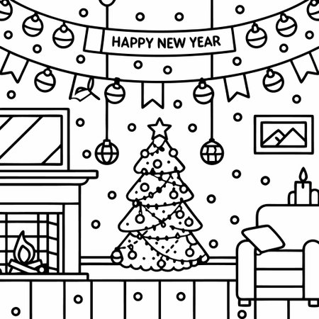 Festive New Year&#39;s Eve living room with decorated Christmas tree, fireplace, and garland.の素材